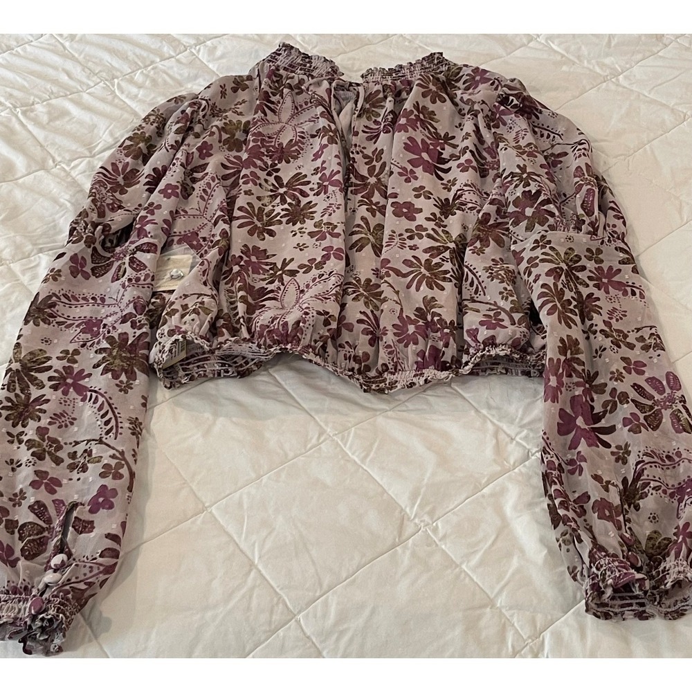 SALE Free People‎ Floral Cropped Top Lavender Boho Smocked Neck Long Sleeve NWT - Picture 6 of 10